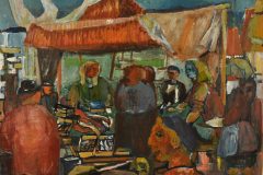 Fredy Fehr, Fischmarkt in Sanary, Öl auf Leinwand, 72 x 98 cm
