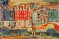 Fredy Fehr, Häuser an Gracht mit Brücke und Laternen Amsterdam, Öl auf Leinwand, 56 x 96 cm