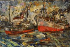 Fredy Fehr, Hafen in Amsterdam, Öl auf Leinwand, 70 x 107 cm