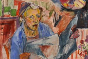 Fredy Fehr, Frau an Küchentisch mit Zeitung, Öl auf Leinwand, 163 x 106 cm
